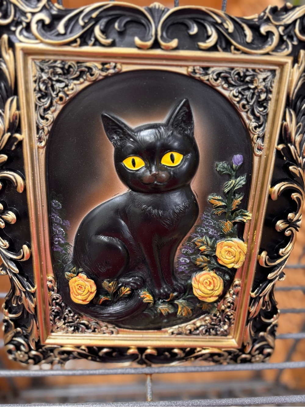 Vintage Black Cat Wall Plaque with Yellow Rose Accents